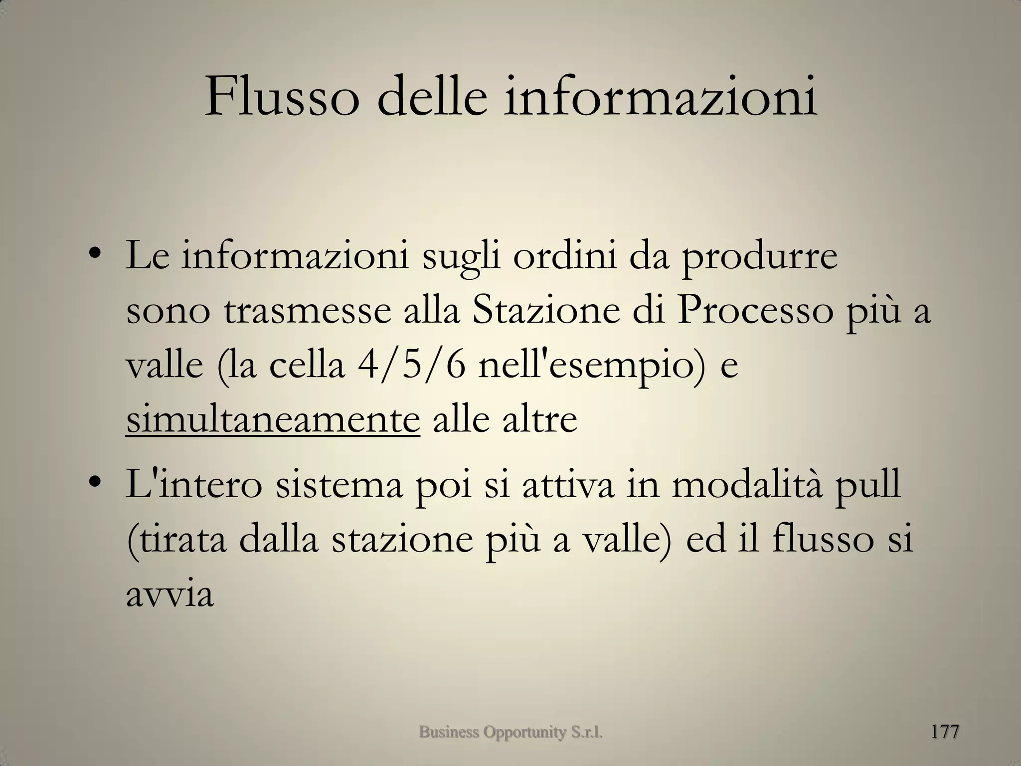 Flusso delle informazioni
• Le informazioni sugli ordini da produrre
sono trasmesse alla Stazione di Processo più a
valle (la cella 4/5/6 nell'esempio) e
simultaneamente alle altre
• L'intero sistema poi si attiva in modalità pull
(tirata dalla stazione più a valle) ed il flusso si
avvia
177Business Opportunity S.r.l.
 