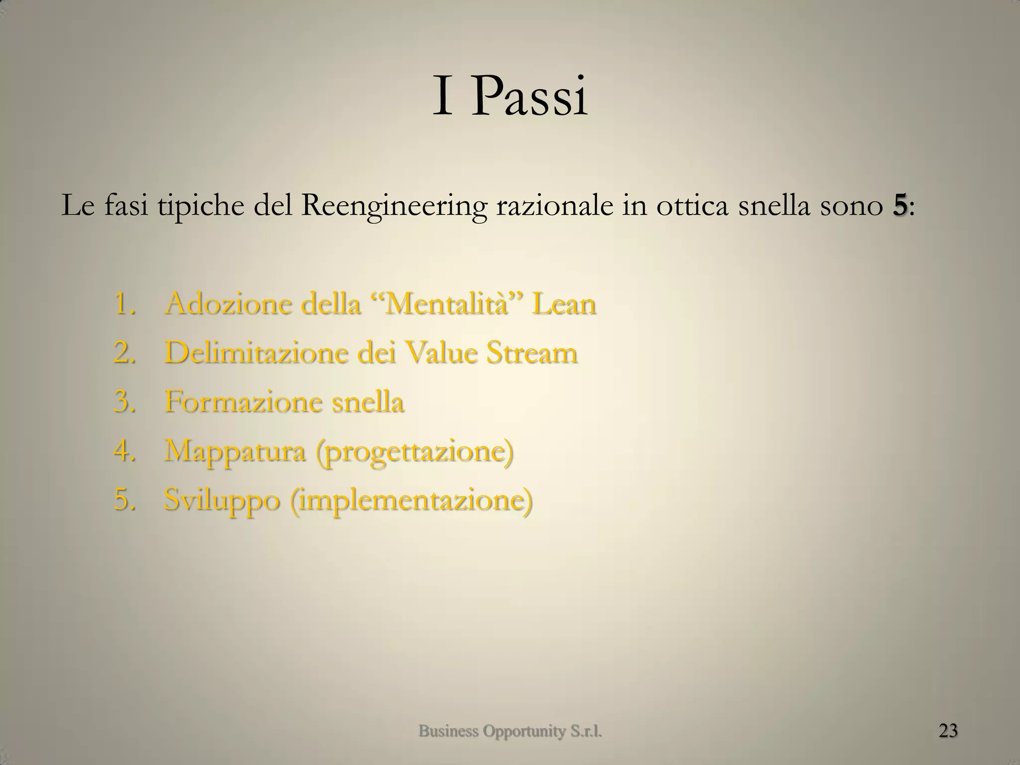 I Passi
Le fasi tipiche del Reengineering razionale in ottica snella sono 5:
1. Adozione della “Mentalità” Lean
2. Delimitazione dei Value Stream
3. Formazione snella
4. Mappatura (progettazione)
5. Sviluppo (implementazione)
23Business Opportunity S.r.l.
 