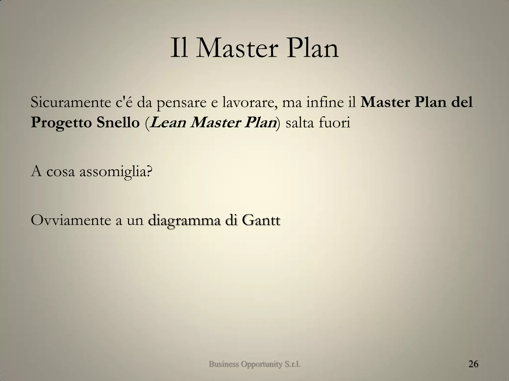Il Master Plan
Sicuramente c'é da pensare e lavorare, ma infine il Master Plan del
Progetto Snello (Lean Master Plan) salta fuori
A cosa assomiglia?
Ovviamente a un diagramma di Gantt
26Business Opportunity S.r.l.
 