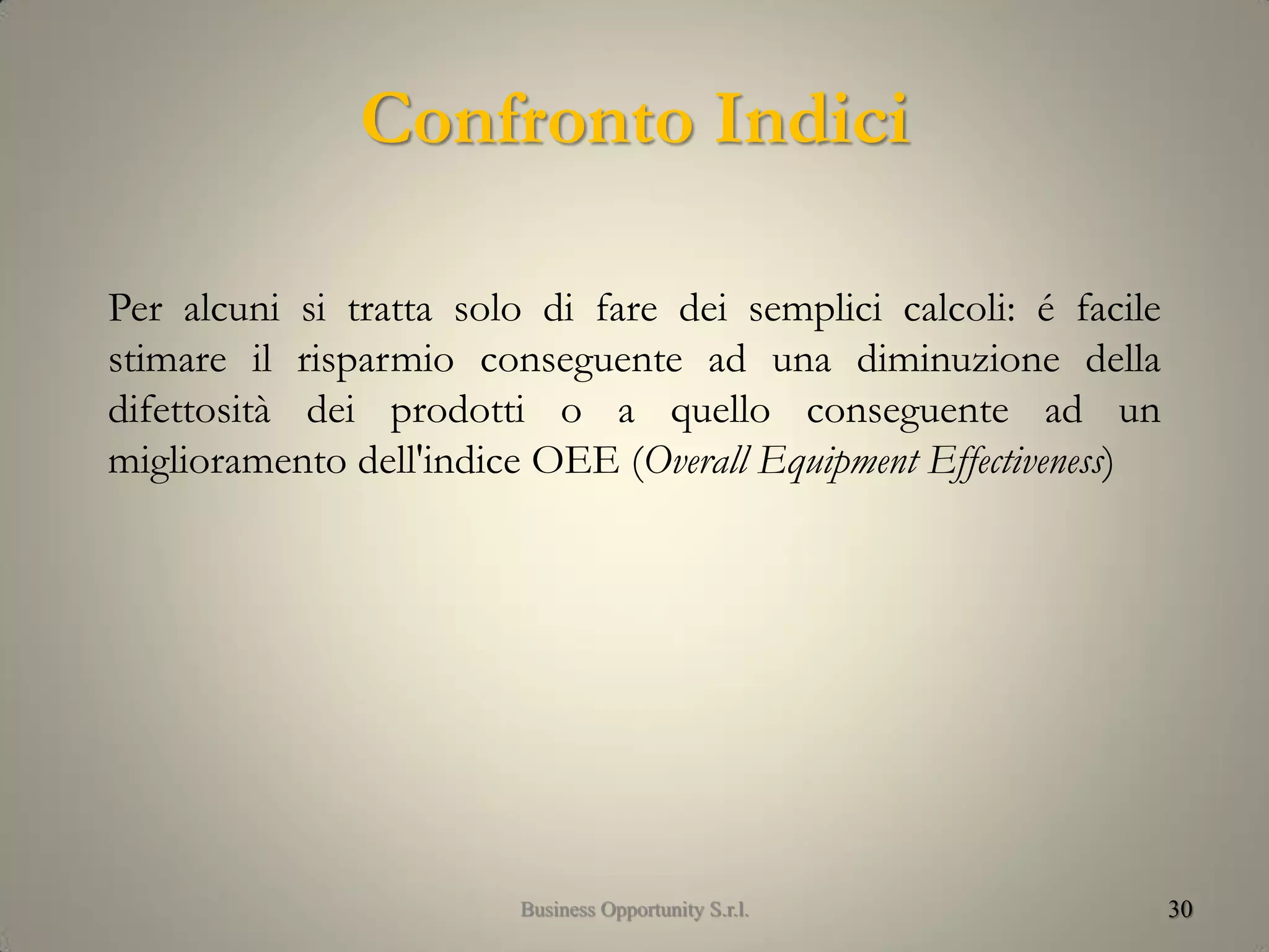 Confronto Indici
Per alcuni si tratta solo di fare dei semplici calcoli: é facile
stimare il risparmio conseguente ad una diminuzione della
difettosità dei prodotti o a quello conseguente ad un
miglioramento dell'indice OEE (Overall Equipment Effectiveness)
30Business Opportunity S.r.l.
 