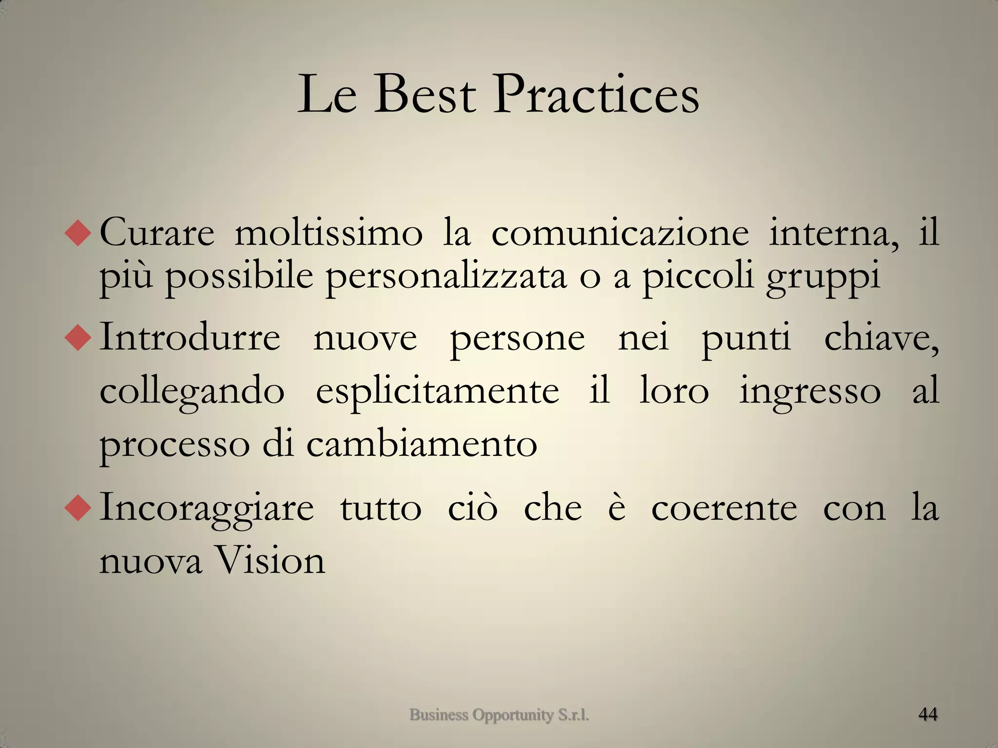 Le Best Practices
44
Curare moltissimo la comunicazione interna, il
più possibile personalizzata o a piccoli gruppi
Introdurre nuove persone nei punti chiave,
collegando esplicitamente il loro ingresso al
processo di cambiamento
Incoraggiare tutto ciò che è coerente con la
nuova Vision
Business Opportunity S.r.l.
 