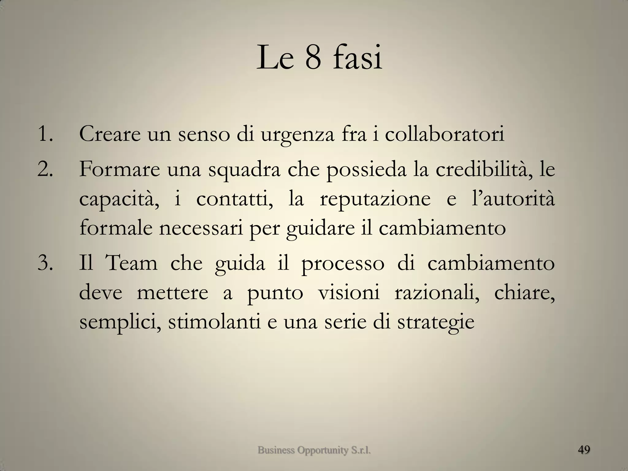 Le 8 fasi
1. Creare un senso di urgenza fra i collaboratori
2. Formare una squadra che possieda la credibilità, le
capacità, i contatti, la reputazione e l’autorità
formale necessari per guidare il cambiamento
3. Il Team che guida il processo di cambiamento
deve mettere a punto visioni razionali, chiare,
semplici, stimolanti e una serie di strategie
49Business Opportunity S.r.l.
 
