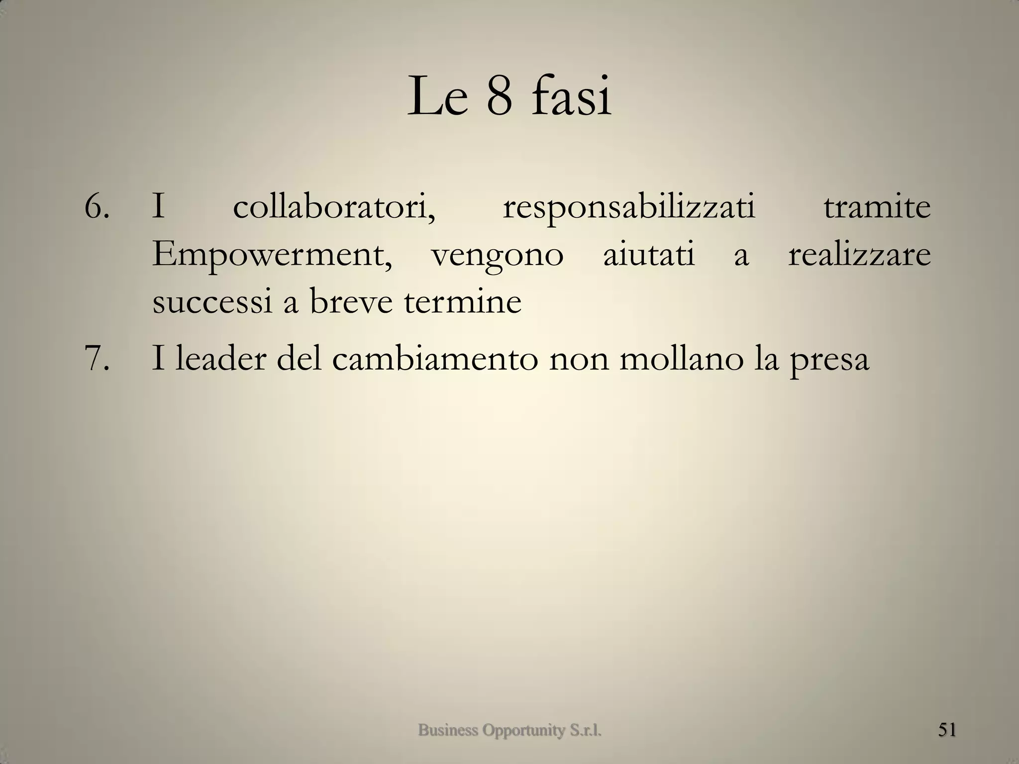 Le 8 fasi
6. I collaboratori, responsabilizzati tramite
Empowerment, vengono aiutati a realizzare
successi a breve termine
7. I leader del cambiamento non mollano la presa
51Business Opportunity S.r.l.
 