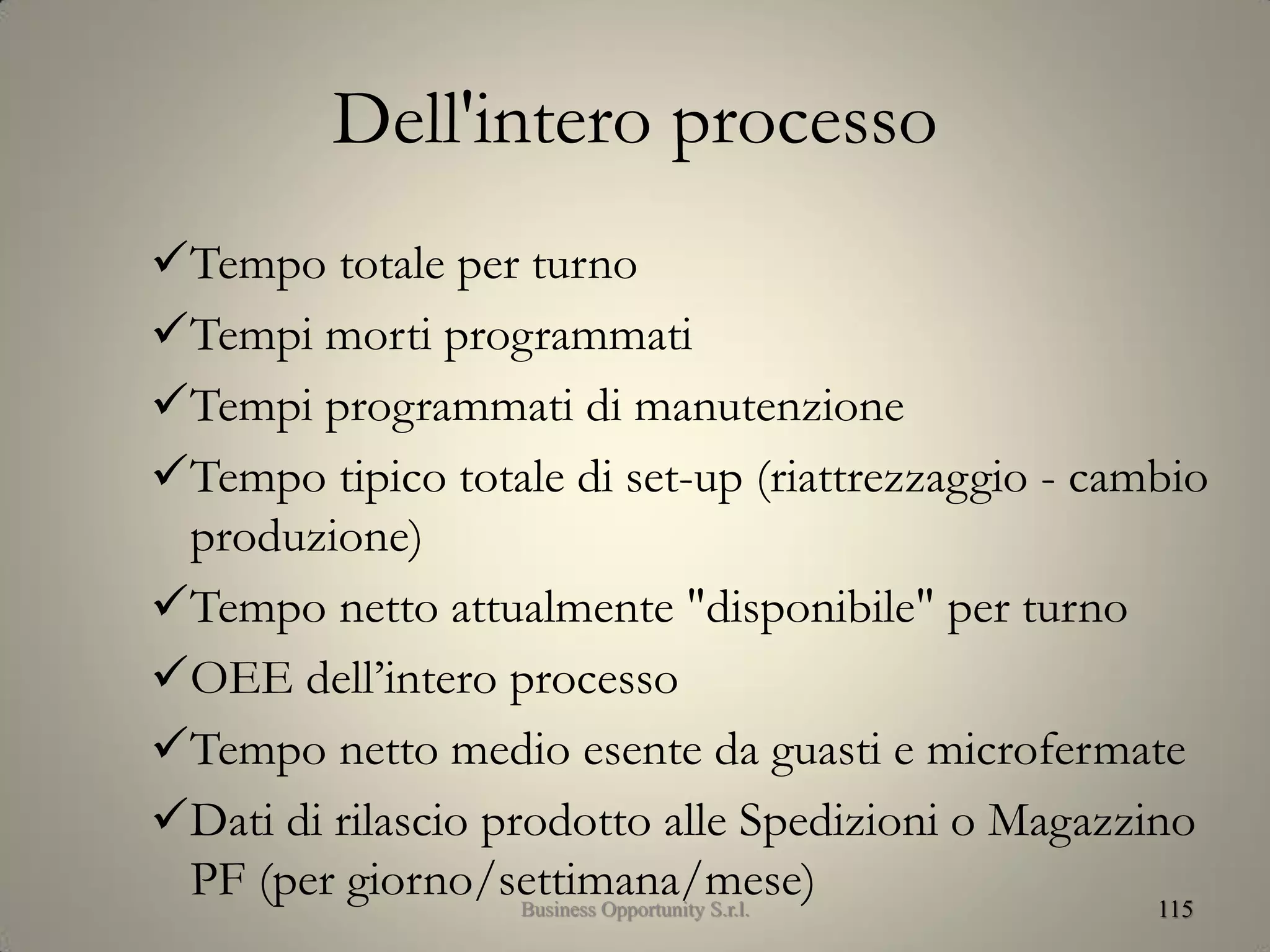 Dell'intero processo
Tempo totale per turno
Tempi morti programmati
Tempi programmati di manutenzione
Tempo tipico totale di set-up (riattrezzaggio - cambio
produzione)
Tempo netto attualmente "disponibile" per turno
OEE dell’intero processo
Tempo netto medio esente da guasti e microfermate
Dati di rilascio prodotto alle Spedizioni o Magazzino
PF (per giorno/settimana/mese) 115Business Opportunity S.r.l.
 