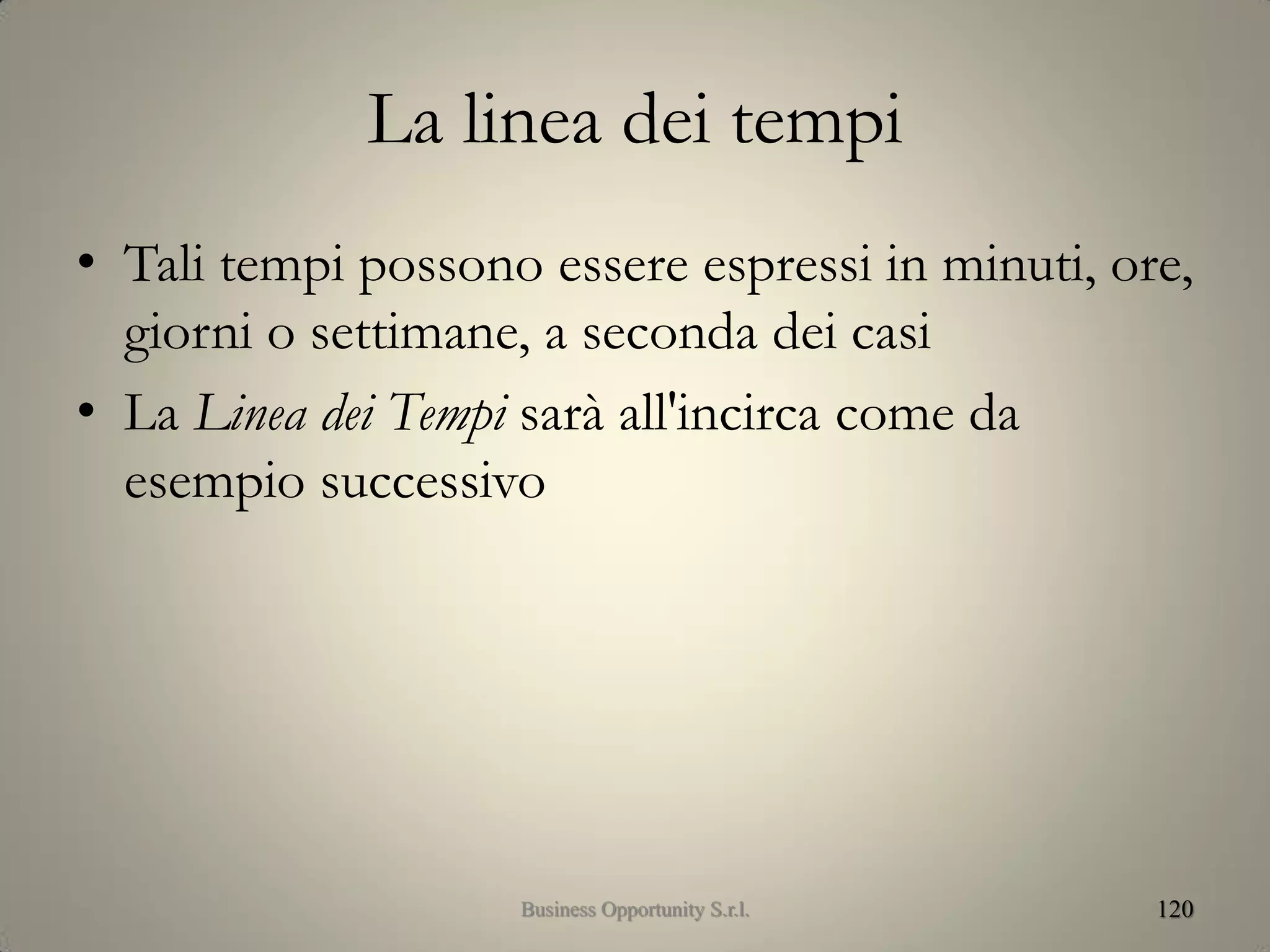 La linea dei tempi
• Tali tempi possono essere espressi in minuti, ore,
giorni o settimane, a seconda dei casi
• La Linea dei Tempi sarà all'incirca come da
esempio successivo
120Business Opportunity S.r.l.
 