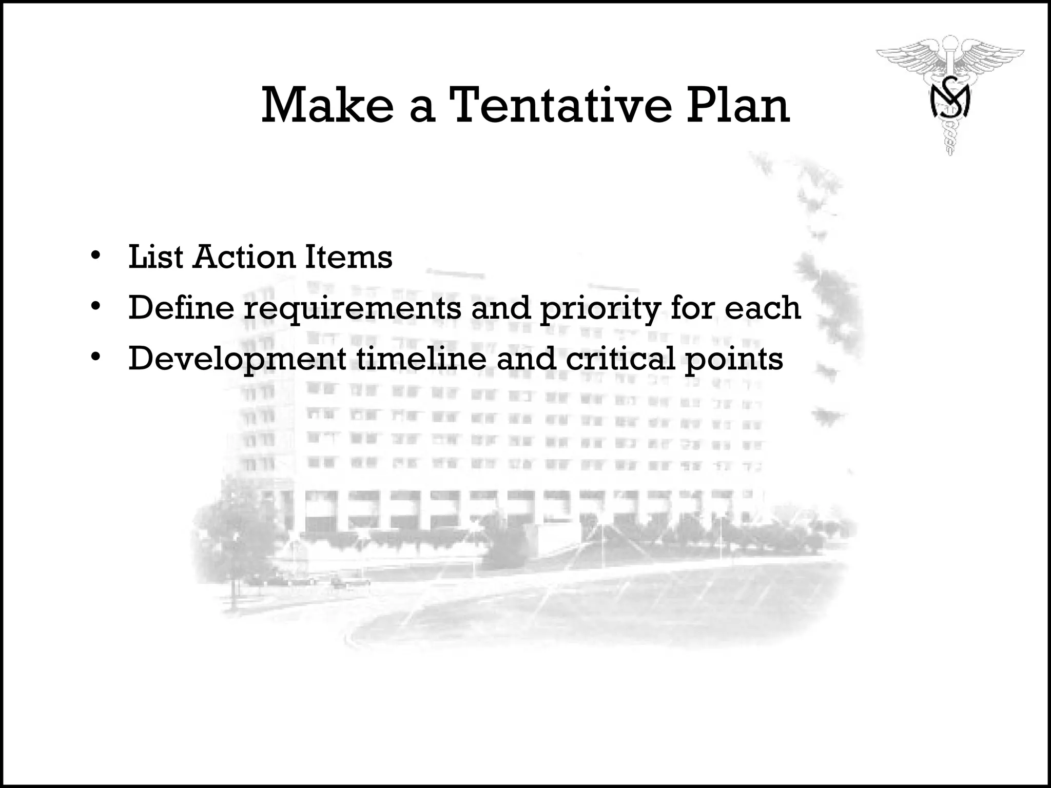 Make a Tentative Plan List Action Items Define requirements and priority for each Development timeline and critical points 