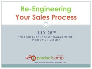 Re-Engineering Your Sales Process
          Lee Garrison


              JULY 28 TH
    TED ROGERS SCHOOL OF MANAGEMENT,
            RYERSON UNIVERSITY




             www.productcamptoronto.wordpress.com
 