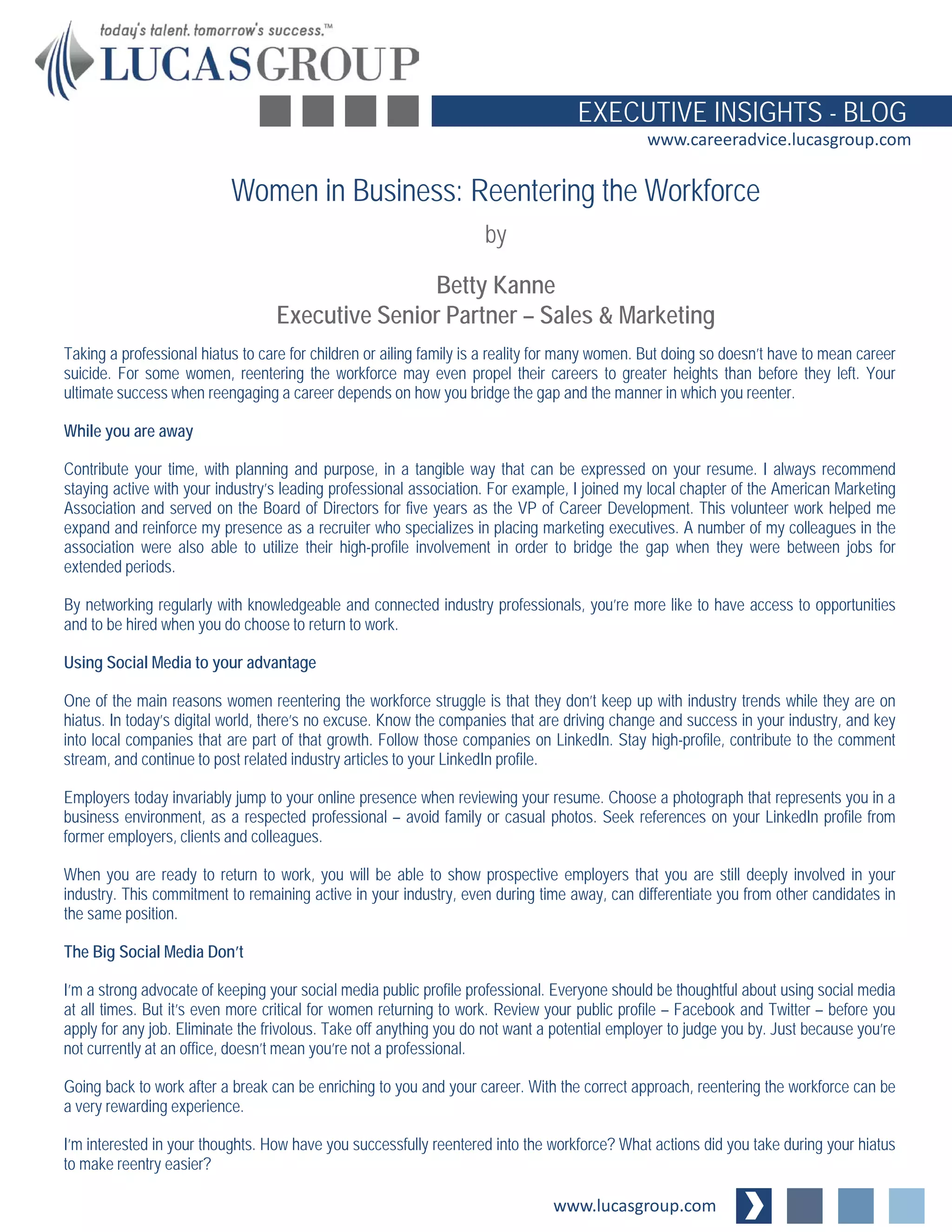 Women in Business: Reentering the Workforce | PDF | Resume Writing and ...