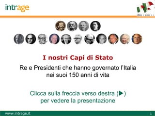 www.intrage.it
I nostri Capi di Stato
Re e Presidenti che hanno governato l’Italia
dal 1861 a oggi
1
Clicca sulla freccia verso destra ()
per vedere la presentazione
 