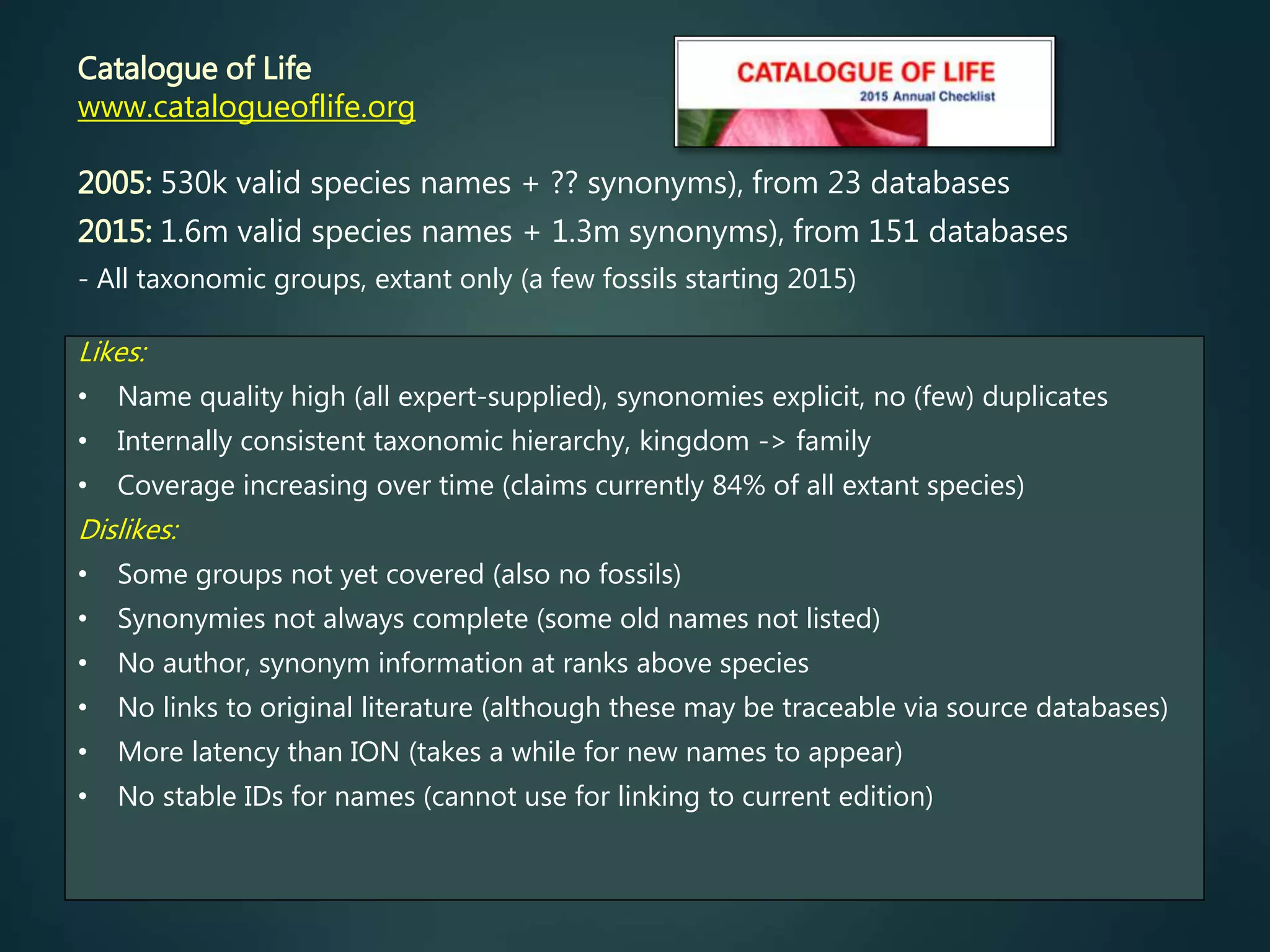Catalogue of Life
www.catalogueoflife.org
2005: 530k valid species names + ?? synonyms), from 23 databases
2015: 1.6m valid species names + 1.3m synonyms), from 151 databases
- All taxonomic groups, extant only (a few fossils starting 2015)
Likes:
• Name quality high (all expert-supplied), synonomies explicit, no (few) duplicates
• Internally consistent taxonomic hierarchy, kingdom -> family
• Coverage increasing over time (claims currently 84% of all extant species)
Dislikes:
• Some groups not yet covered (also no fossils)
• Synonymies not always complete (some old names not listed)
• No author, synonym information at ranks above species
• No links to original literature (although these may be traceable via source databases)
• More latency than ION (takes a while for new names to appear)
• No stable IDs for names (cannot use for linking to current edition)
 