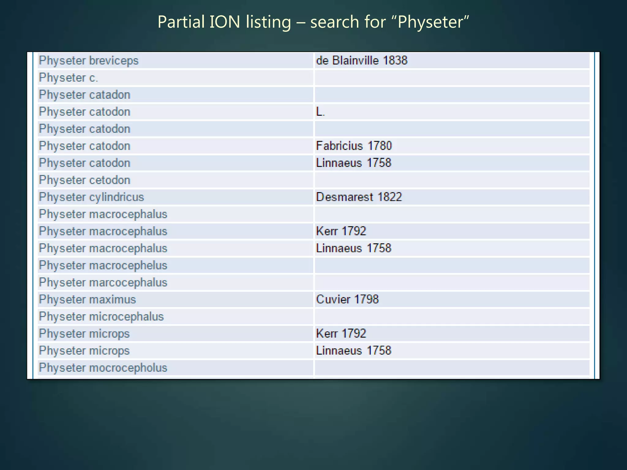 Partial ION listing – search for “Physeter”
 
