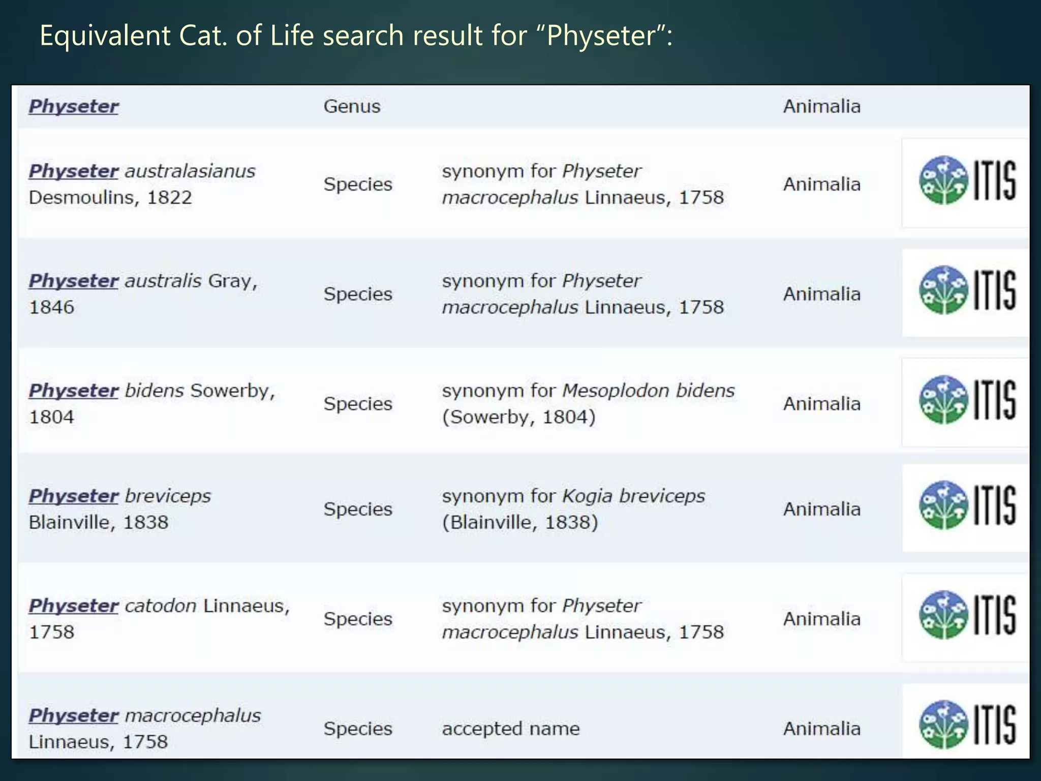 Equivalent Cat. of Life search result for “Physeter”:
 