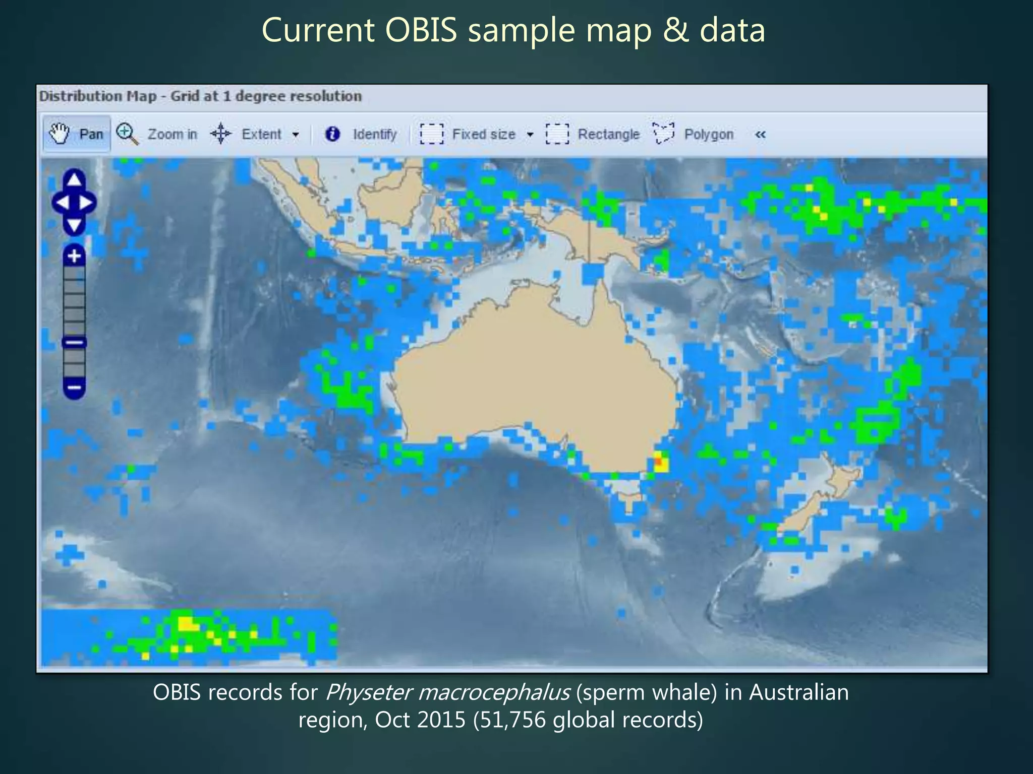 Current OBIS sample map & data
OBIS records for Physeter macrocephalus (sperm whale) in Australian
region, Oct 2015 (51,756 global records)
 