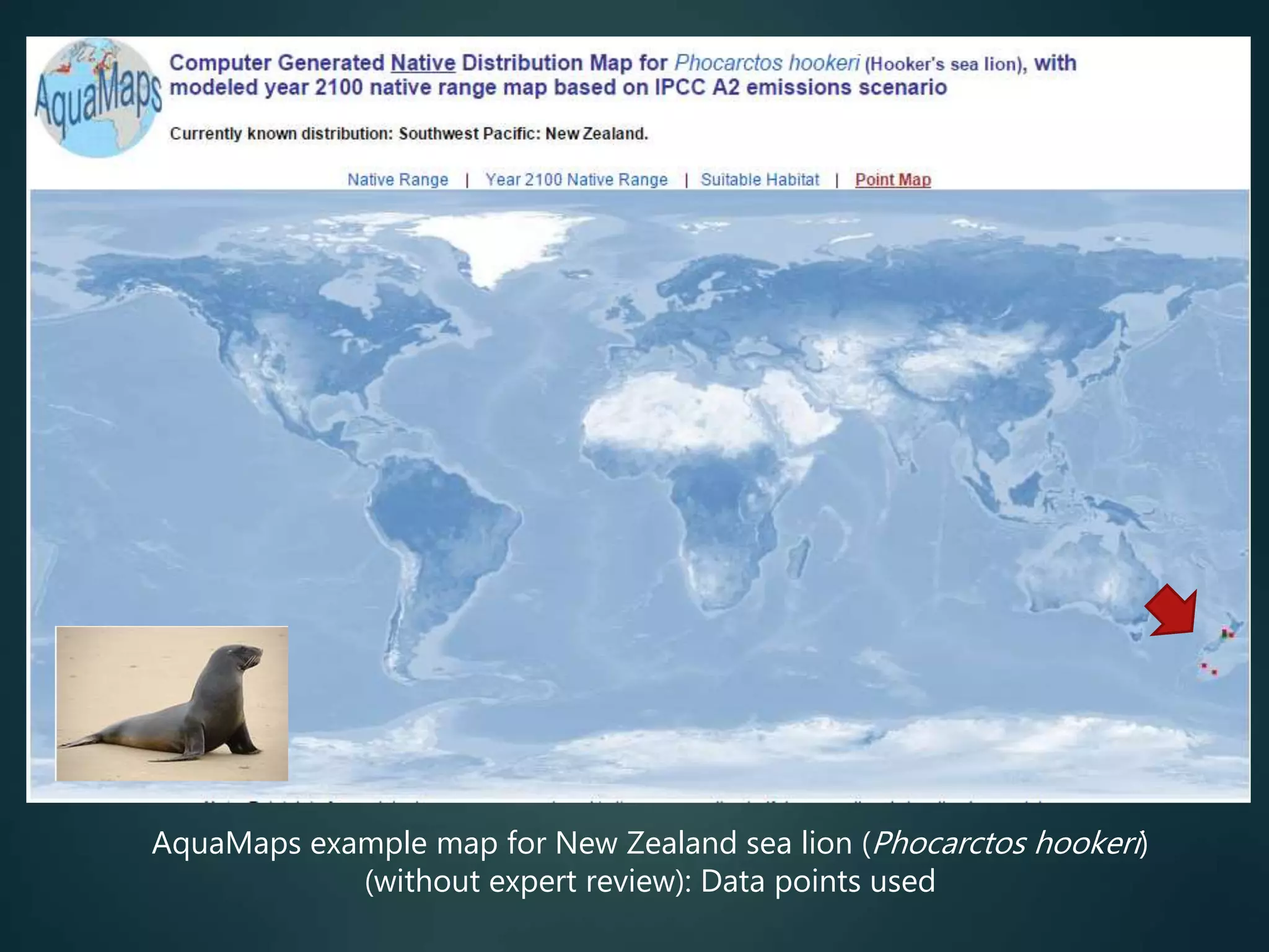 AquaMaps example map for New Zealand sea lion (Phocarctos hookeri)
(without expert review): Data points used
 