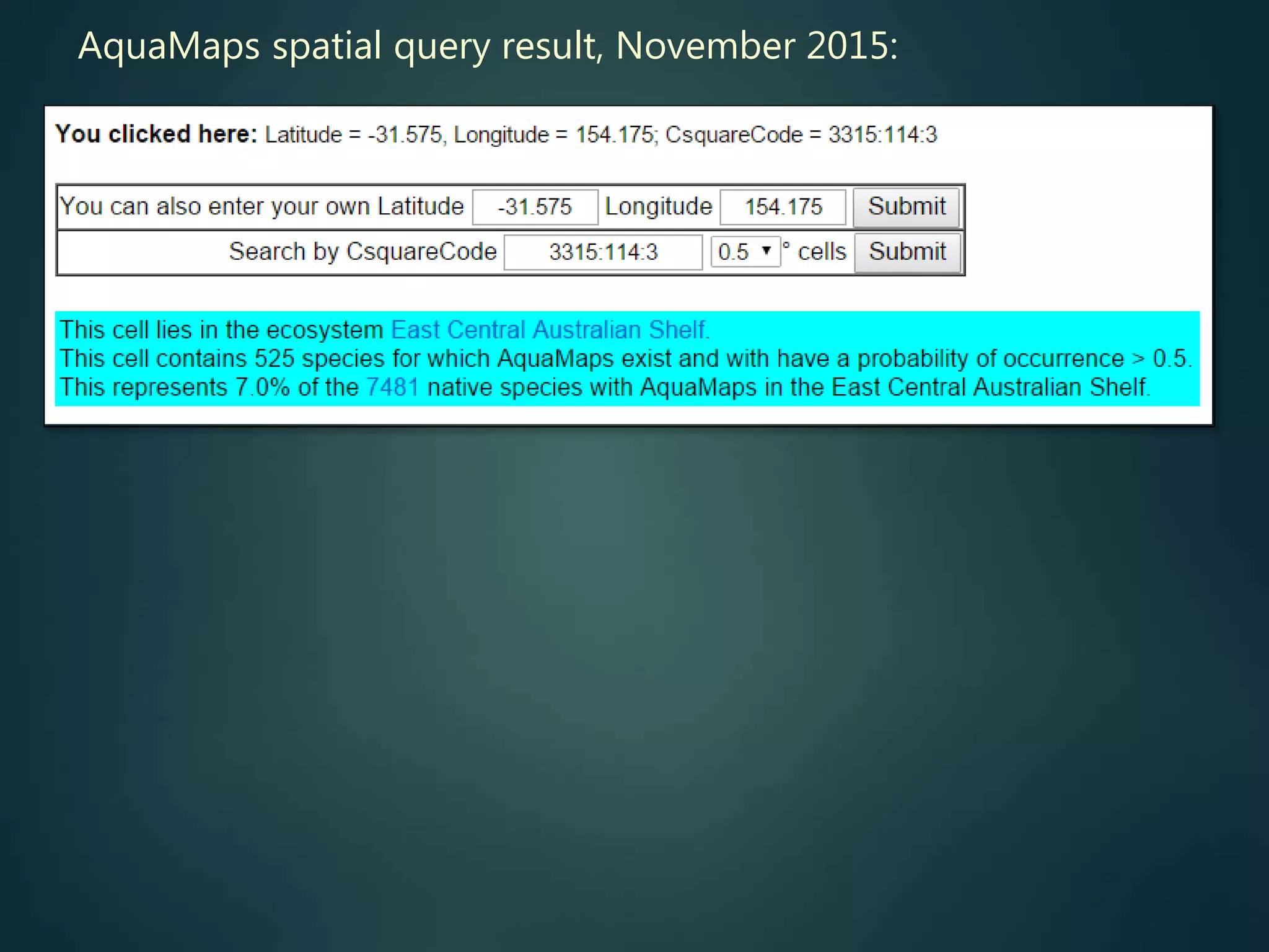 AquaMaps spatial query result, November 2015:
 