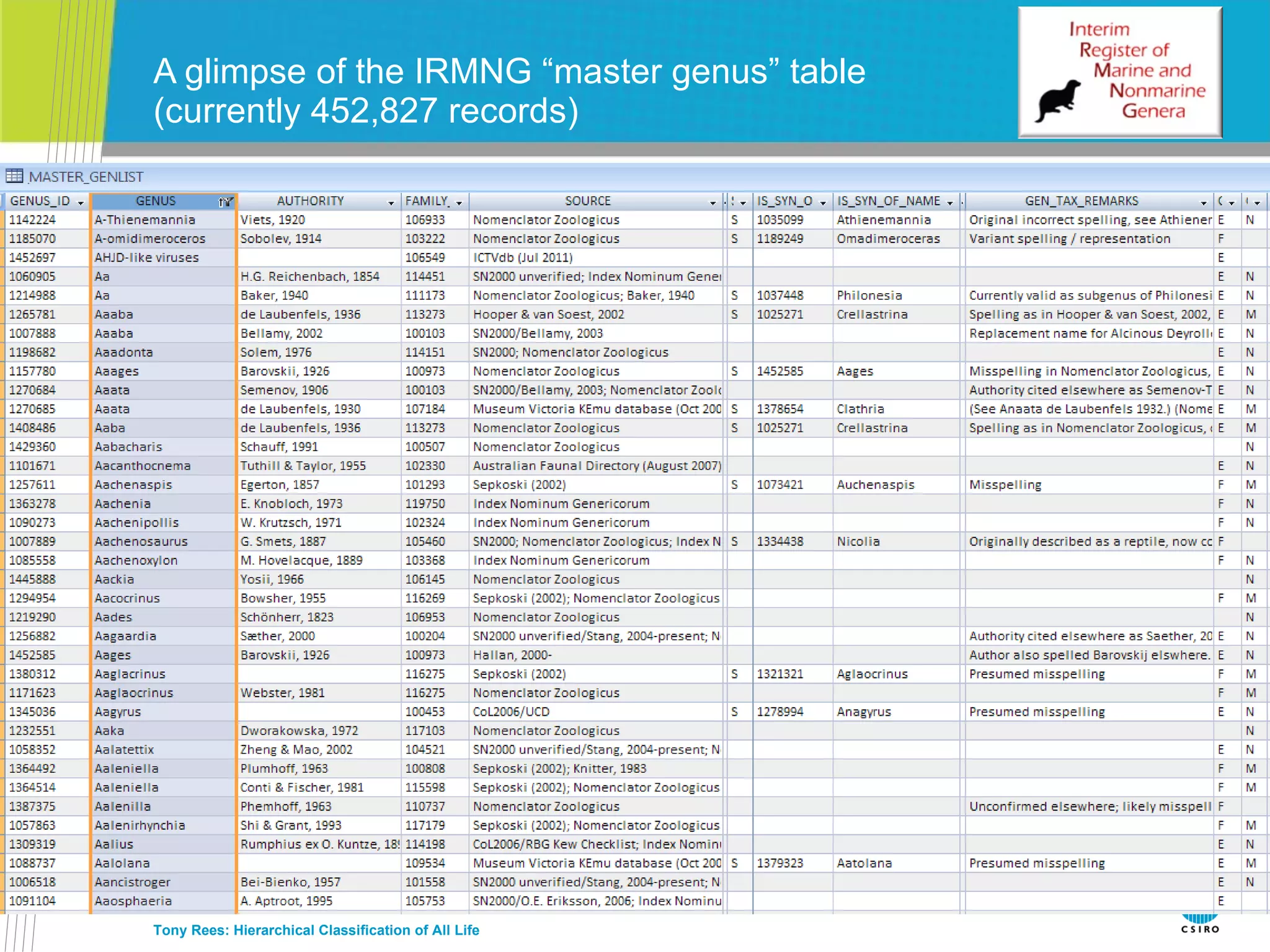 A glimpse of the IRMNG “master genus” table (currently 452,827 records) Tony Rees: Hierarchical Classification of All Life 