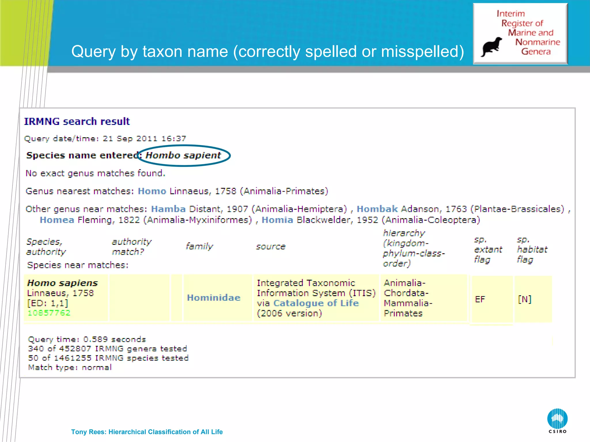 Query by taxon name (correctly spelled or misspelled) Tony Rees: Hierarchical Classification of All Life 