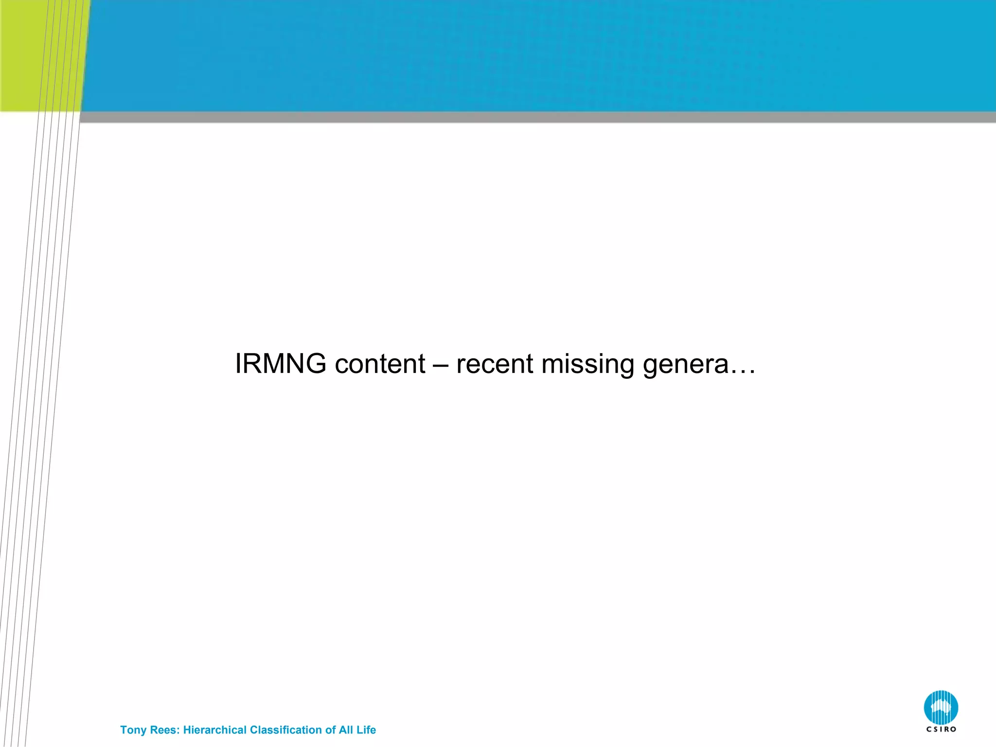 IRMNG content – recent missing genera… Tony Rees: Hierarchical Classification of All Life 
