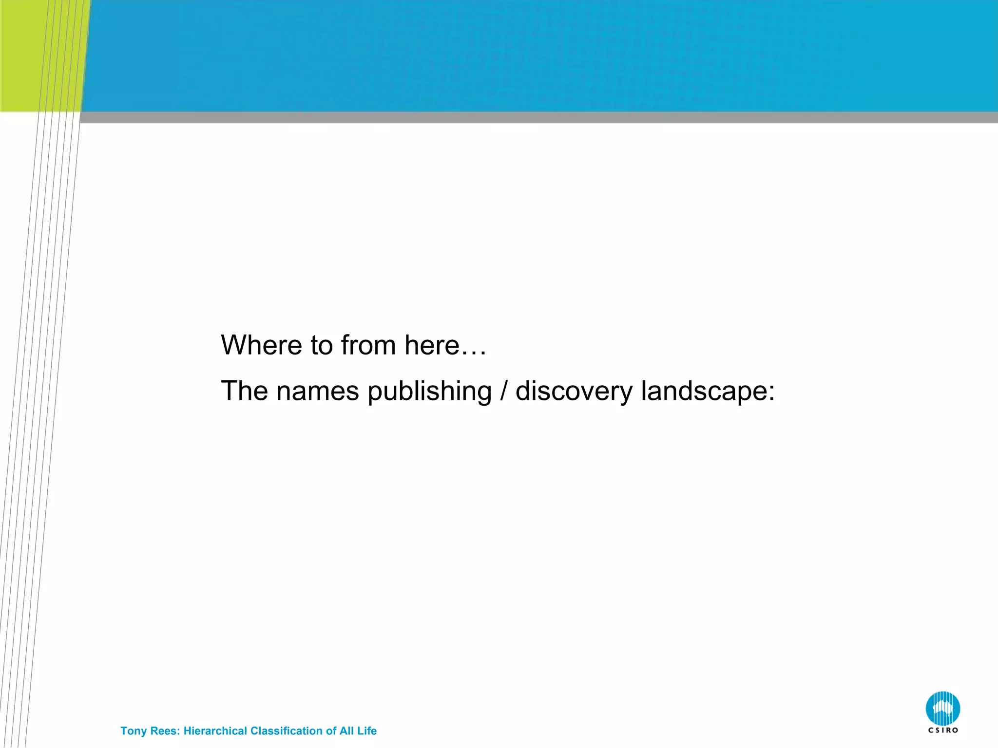 Tony Rees: Hierarchical Classification of All Life Where to from here… The names publishing / discovery landscape: 