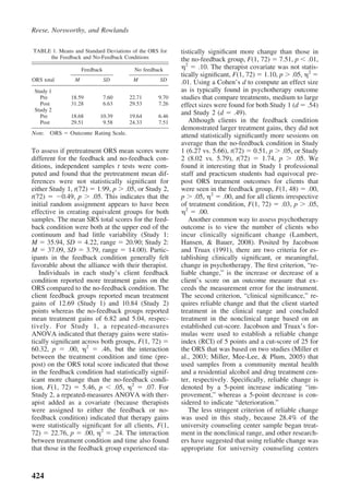 Reese, Norsworthy, and Rowlands

TABLE 1. Means and Standard Deviations of the ORS for   tistically signiﬁcant more change than those in
     the Feedback and No-Feedback Conditions            the no-feedback group, F(1, 72) 7.51, p .01,
                                                          2
                    Feedback            No feedback            .10. The therapist covariate was not statis-
                                                        tically signiﬁcant, F(1, 72) 1.10, p .05, 2
ORS total       M              SD      M          SD    .01. Using a Cohen’s d to compute an effect size
 Study 1                                                as is typically found in psychotherapy outcome
   Pre        18.59            7.60   22.71      9.70   studies that compare treatments, medium to large
   Post       31.28            6.63   29.53      7.26   effect sizes were found for both Study 1 (d .54)
 Study 2
   Pre        18.68        10.39      19.64      6.46
                                                        and Study 2 (d .49).
   Post       29.51         9.58      24.33      7.51       Although clients in the feedback condition
                                                        demonstrated larger treatment gains, they did not
Note. ORS     Outcome Rating Scale.                     attend statistically signiﬁcantly more sessions on
                                                        average than the no-feedback condition in Study
To assess if pretreatment ORS mean scores were          1 (6.27 vs. 5.66), t(72) 0.51, p .05, or Study
different for the feedback and no-feedback con-         2 (8.02 vs. 5.79), t(72)       1.74, p      .05. We
ditions, independent samples t tests were com-          found it interesting that in Study 1 professional
puted and found that the pretreatment mean dif-         staff and practicum students had equivocal pre-
ferences were not statistically signiﬁcant for          post ORS treatment outcomes for clients that
either Study 1, t(72) 1.99, p .05, or Study 2,          were seen in the feedback group, F(1, 48) .00,
t(72)       0.49, p    .05. This indicates that the     p .05, 2 .00, and for all clients irrespective
initial random assignment appears to have been          of treatment condition, F(1, 72) .03, p .05,
                                                          2
effective in creating equivalent groups for both               .00.
samples. The mean SRS total scores for the feed-            Another common way to assess psychotherapy
back condition were both at the upper end of the        outcome is to view the number of clients who
continuum and had little variability (Study 1:          incur clinically signiﬁcant change (Lambert,
M 35.94, SD 4.22, range 20.90; Study 2:                 Hansen, & Bauer, 2008). Posited by Jacobson
M      37.09, SD     3.79, range     14.00). Partic-    and Truax (1991), there are two criteria for es-
ipants in the feedback condition generally felt         tablishing clinically signiﬁcant, or meaningful,
favorable about the alliance with their therapist.      change in psychotherapy. The ﬁrst criterion, “re-
   Individuals in each study’s client feedback          liable change,” is the increase or decrease of a
condition reported more treatment gains on the          client’s score on an outcome measure that ex-
ORS compared to the no-feedback condition. The          ceeds the measurement error for the instrument.
client feedback groups reported mean treatment          The second criterion, “clinical signiﬁcance,” re-
gains of 12.69 (Study 1) and 10.84 (Study 2)            quires reliable change and that the client started
points whereas the no-feedback groups reported          treatment in the clinical range and concluded
mean treatment gains of 6.82 and 5.04, respec-          treatment in the nonclinical range based on an
tively. For Study 1, a repeated-measures                established cut-score. Jacobson and Truax’s for-
ANOVA indicated that therapy gains were statis-         mulas were used to establish a reliable change
tically signiﬁcant across both groups, F(1, 72)         index (RCI) of 5 points and a cut-score of 25 for
60.32, p      .00, 2       .46, but the interaction     the ORS that was based on two studies (Miller et
between the treatment condition and time (pre-          al., 2003; Miller, Mee-Lee, & Plum, 2005) that
post) on the ORS total score indicated that those       used samples from a community mental health
in the feedback condition had statistically signif-     and a residential alcohol and drug treatment cen-
icant more change than the no-feedback condi-           ter, respectively. Speciﬁcally, reliable change is
tion, F(1, 72)      5.46, p     .05, 2     .07. For     denoted by a 5-point increase indicating “im-
Study 2, a repeated-measures ANOVA with ther-           provement,” whereas a 5-point decrease is con-
apist added as a covariate (because therapists          sidered to indicate “deterioration.”
were assigned to either the feedback or no-                 The less stringent criterion of reliable change
feedback condition) indicated that therapy gains        was used in this study, because 28.4% of the
were statistically signiﬁcant for all clients, F(1,     university counseling center sample began treat-
72) 22.76, p .00, 2 .24. The interaction                ment in the nonclinical range, and other research-
between treatment condition and time also found         ers have suggested that using reliable change was
that those in the feedback group experienced sta-       appropriate for university counseling centers



424
 