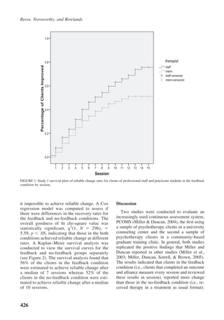 Reese, Norsworthy, and Rowlands



                                               1.0




                                               0.8                                                                     therapist
              Percentage of Clients Improved




                                                                                                                       staff
                                                                                                                       intern
                                                                                                                       staff-censored
                                                                                                                       intern-censored
                                               0.6




                                               0.4




                                               0.2




                                               0.0


                                                     1   2   3   4   5   6   7   8   9   10   11   12   13   14   15
                                                                             Session
FIGURE 1. Study 1 survival plots of reliable change rates for clients of professional staff and practicum students in the feedback
condition by session.




it impossible to achieve reliable change. A Cox                                           Discussion
regression model was computed to assess if
there were differences in the recovery rates for                                             Two studies were conducted to evaluate an
the feedback and no-feedback conditions. The                                              increasingly used continuous assessment system,
overall goodness of ﬁt chi-square value was                                               PCOMS (Miller & Duncan, 2004), the ﬁrst using
statistically signiﬁcant, 2(1, N         296),                                            a sample of psychotherapy clients in a university
5.59, p     .05, indicating that those in the both                                        counseling center and the second a sample of
conditions achieved reliable change at different                                          psychotherapy clients in a community-based
rates. A Kaplan–Meier survival analysis was                                               graduate training clinic. In general, both studies
conducted to view the survival curves for the                                             replicated the positive ﬁndings that Miller and
feedback and no-feedback groups separately                                                Duncan reported in other studies (Miller et al.,
(see Figure 2). The survival analysis found that                                          2003; Miller, Duncan, Sorrell, & Brown, 2005).
56% of the clients in the feedback condition                                              The results indicated that clients in the feedback
were estimated to achieve reliable change after                                           condition (i.e., clients that completed an outcome
a median of 7 sessions whereas 52% of the                                                 and alliance measure every session and reviewed
clients in the no-feedback condition were esti-                                           these results in session), reported more change
mated to achieve reliable change after a median                                           than those in the no-feedback condition (i.e., re-
of 10 sessions.                                                                           ceived therapy in a treatment as usual format).



426
 