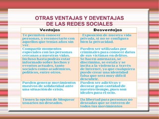 OTRAS VENTAJAS Y DEVENTAJAS
   DE LAS REDES SOCIALES
 
