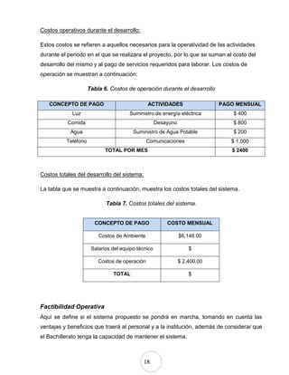 18
Costos operativos durante el desarrollo:
Estos costos se refieren a aquellos necesarios para la operatividad de las actividades
durante el periodo en el que se realizara el proyecto, por lo que se suman al costo del
desarrollo del mismo y al pago de servicios requeridos para laborar. Los costos de
operación se muestran a continuación:
Tabla 6. Costos de operación durante el desarrollo
Costos totales del desarrollo del sistema:
La tabla que se muestra a continuación, muestra los costos totales del sistema.
Tabla 7. Costos totales del sistema.
Factibilidad Operativa
Aquí se define si el sistema propuesto se pondrá en marcha, tomando en cuenta las
ventajas y beneficios que traerá al personal y a la institución, además de considerar que
el Bachillerato tenga la capacidad de mantener el sistema.
CONCEPTO DE PAGO ACTIVIDADES PAGO MENSUAL
Luz Suministro de energía eléctrica $ 400
Comida Desayuno $ 800
Agua Suministro de Agua Potable $ 200
Teléfono Comunicaciones $ 1,000
TOTAL POR MES $ 2400
CONCEPTO DE PAGO COSTO MENSUAL
Costos de Ambiente $6,148.00
Salarios del equipo técnico $
Costos de operación $ 2,400.00
TOTAL $
 