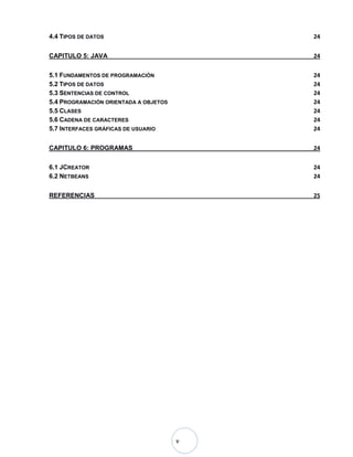 v
4.4 TIPOS DE DATOS 24
CAPITULO 5: JAVA 24
5.1 FUNDAMENTOS DE PROGRAMACIÓN 24
5.2 TIPOS DE DATOS 24
5.3 SENTENCIAS DE CONTROL 24
5.4 PROGRAMACIÓN ORIENTADA A OBJETOS 24
5.5 CLASES 24
5.6 CADENA DE CARACTERES 24
5.7 INTERFACES GRÁFICAS DE USUARIO 24
CAPITULO 6: PROGRAMAS 24
6.1 JCREATOR 24
6.2 NETBEANS 24
REFERENCIAS 25
 