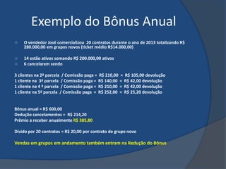 Exemplo do Bônus Anual
   O vendedor José comercializou 20 contratos durante o ano de 2013 totalizando R$
    280.000,00 em grupos novos (ticket médio R$14.000,00)

   14 estão ativos somando R$ 200.000,00 ativos
   6 cancelaram sendo

3 clientes na 2ª parcela / Comissão paga = R$ 210,00 = R$ 105,00 devolução
1 cliente na 3ª parcela / Comissão paga = R$ 140,00 = R$ 42,00 devolução
1 cliente na 4 ª parcela / Comissão paga = R$ 210,00 = R$ 42,00 devolução
1 cliente na 5ª parcela / Comissão paga = R$ 252,00 = R$ 25,20 devolução


Bônus anual = R$ 600,00
Dedução cancelamentos = R$ 214,20
Prêmio a receber anualmente R$ 385,80

Divido por 20 contratos = R$ 20,00 por contrato de grupo novo

Vendas em grupos em andamento também entram na Redução do Bônus
 