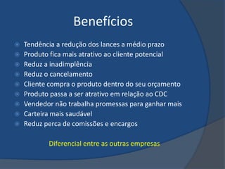 Benefícios
   Tendência a redução dos lances a médio prazo
   Produto fica mais atrativo ao cliente potencial
   Reduz a inadimplência
   Reduz o cancelamento
   Cliente compra o produto dentro do seu orçamento
   Produto passa a ser atrativo em relação ao CDC
   Vendedor não trabalha promessas para ganhar mais
   Carteira mais saudável
   Reduz perca de comissões e encargos

           Diferencial entre as outras empresas
 