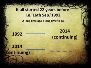 It all started 22 years before 
i.e. 16th Sep.'1992 
A long time ago a long time to go 
……………….. 
1992 
2014 
(continuing) 
2014 
(continuing) 
 