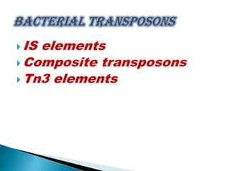  IS elements
 Composite transposons
 Tn3 elements
 