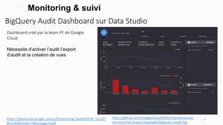 18
BigQuery Audit Dashboard sur Data Studio
Monitoring & suivi
https://datastudio.google.com/u/0/reporting/1kwNFt05J8_GCju5T
BH1v4IlBmmAU74Nu/page/nSaN
https://github.com/GoogleCloudPlatform/professional-
services/tree/master/examples/bigquery-audit-log
Dashboard créé par la team PF de Google
Cloud
Nécessite d’activer l’audit l’export
d’audit et la création de vues
 