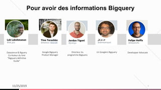 11/25/2019 4
Pour avoir des informations Bigquery
Datasience & Biguery
Co-Auteur du livre
“Bigquery definitive
Guide”
Directeur du
programme Bigquery
Google Bigquery
Product Manager
Un Googlers Bigquery Developper Advocate
 