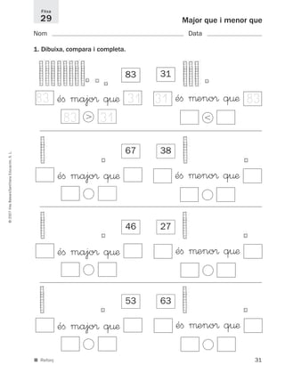 31
©2007IllesBalears/SantillanaEducación,S.L.
■ Reforç
Major que i menor que
Nom Data
1. Dibuixa, compara i completa.
Fitxa
29
éﬁ majo® q¤æ
Ͼ
éﬁ μeno® q¤æ
Ͻ
éﬁ μeno® q¤æ
Ͻ
éﬁ μeno® q¤æ
Ͻ
éﬁ μeno® q¤æ
Ͻ
83 31
38
27
63
67
46
53
83
83
31
31
éﬁ majo® q¤æ
Ͼ
éﬁ majo® q¤æ
Ͼ
éﬁ majo® q¤æ
Ͼ
8331
891214 _ 0001-0056.qxd 16/2/07 09:06 Página 31
 