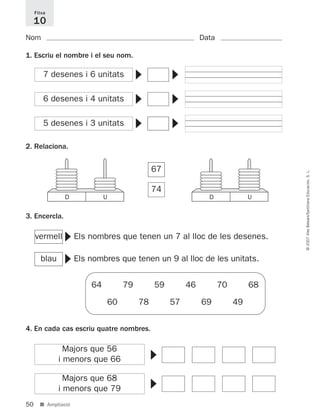 50
©2007IllesBalears/SantillanaEducación,S.L.
■ Ampliació
Nom Data
1. Escriu el nombre i el seu nom.
2. Relaciona.
3. Encercla.
Fitxa
10
▼
▼
7 desenes i 6 unitats
▼
▼
6 desenes i 4 unitats
▼
▼
5 desenes i 3 unitats
74
67
▼
vermell Els nombres que tenen un 7 al lloc de les desenes.
▼
blau Els nombres que tenen un 9 al lloc de les unitats.
64 79 59 46 70 68
60 78 57 69 49
4. En cada cas escriu quatre nombres.
▼
Majors que 56
i menors que 66
▼
Majors que 68
i menors que 79
D U D U
891214 _ 0001-0056.qxd 16/2/07 09:06 Página 50
 