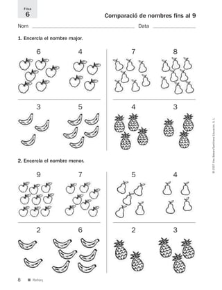 8
©2007IllesBalears/SantillanaEducación,S.L.
■ Reforç
Comparació de nombres fins al 9
Nom Data
1. Encercla el nombre major.
2. Encercla el nombre menor.
Fitxa
6
6 4
3 5
7 8
4 3
9 7
2 6
5 4
2 3
891214 _ 0001-0056.qxd 16/2/07 09:06 Página 8
 