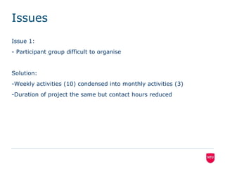 Issues
Issue 1:
- Participant group difficult to organise

Solution:
-Weekly activities (10) condensed into monthly activities (3)
-Duration of project the same but contact hours reduced

 