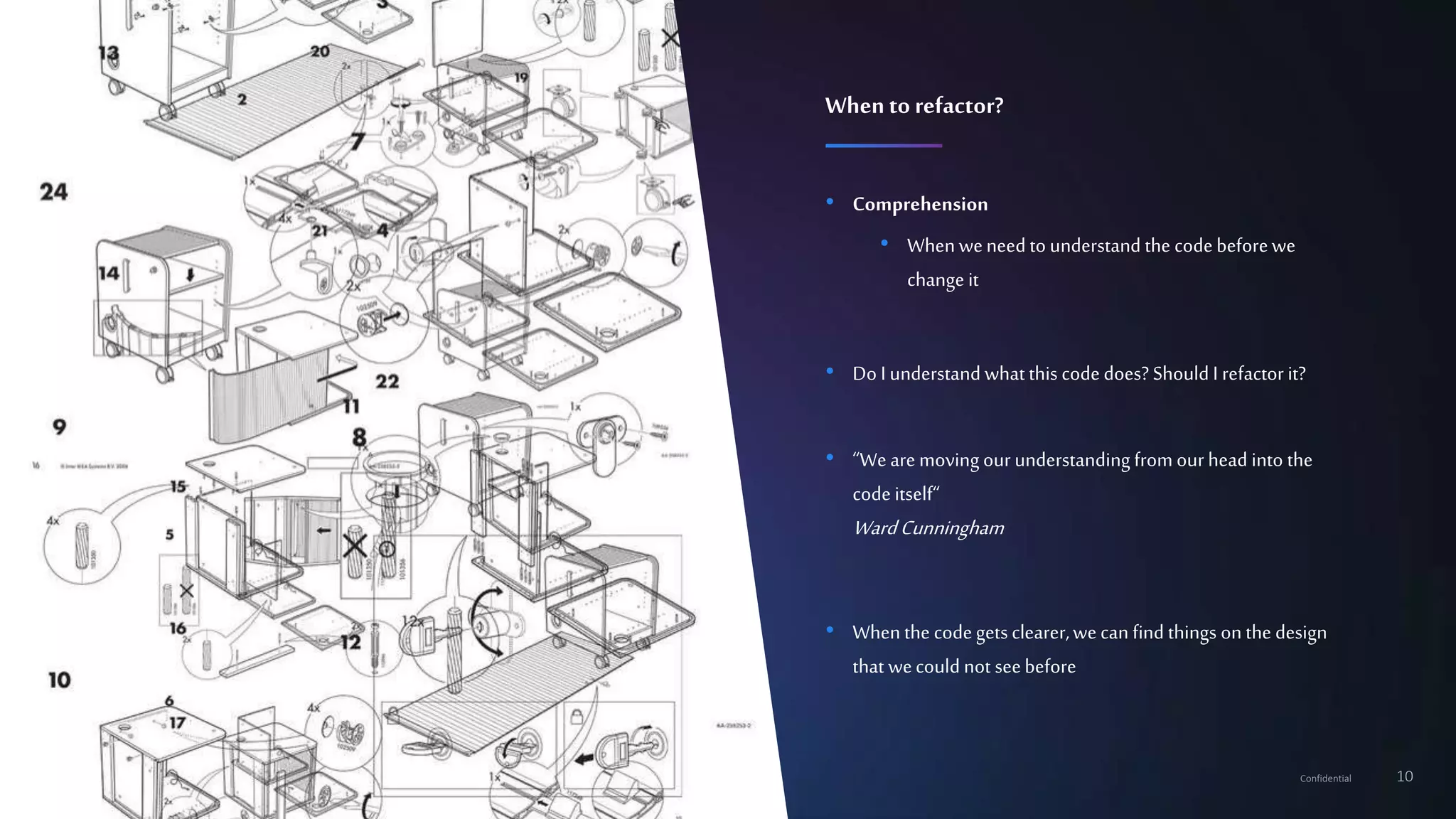 10Confidential
• Comprehension
• Whenweneedto understand the codebeforewe
change it
• Do I understand what this code does? Should I refactor it?
• “We are moving our understanding from our head into the
code itself“
WardCunningham
• Whenthe codegetsclearer,wecanfind things on the design
that wecould not seebefore
Whento refactor?
 
