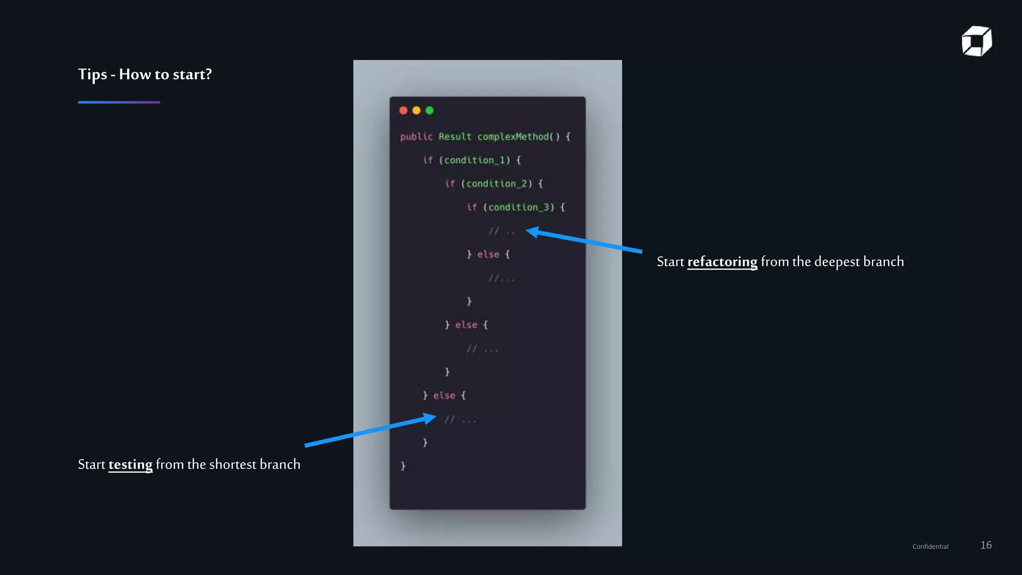 Confidential 16
Tips- How to start?
Start testing from the shortest branch
Start refactoring fromthe deepest branch
 