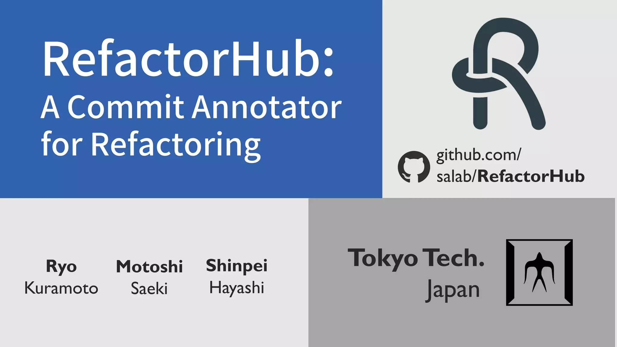 RefactorHub: A Commit Annotator for Refactoring Ryo Kuramoto Shinpei Hayashi Motoshi Saeki TokyoTech. Japan github.com/ salab/RefactorHub 