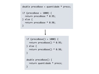 double precoBase = quantidade * preco;


if (precoBase > 1000) {
  return precoBase * 0.95;
} else {
  return precoBase * 0.98;
}




   if (precoBase() > 1000) {
       return precoBase() * 0.95;
   } else {
       return precoBase() * 0.98;
   }


   double precoBase() {
       return quantidade * preco;
   }
 