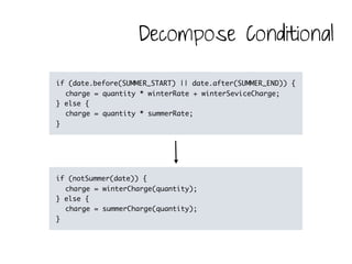 Decompose Conditional

if (date.before(SUMMER_START) || date.after(SUMMER_END)) {
  charge = quantity * winterRate + winterSeviceCharge;
} else {
  charge = quantity * summerRate;
}




if (notSummer(date)) {
  charge = winterCharge(quantity);
} else {
  charge = summerCharge(quantity);
}
 