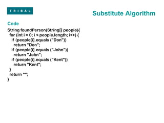 Substitute Algorithm
Code
String foundPerson(String[] people){
  for (int i = 0; i < people.length; i++) {
    if (people[i].equals ("Don"))
      return "Don";
    if (people[i].equals ("John"))
      return "John";
    if (people[i].equals ("Kent"))
      return "Kent";
  }
  return "";
}
 