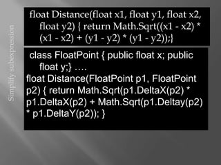 float Distance(float x1, float y1, float x2,
                            float y2) { return Math.Sqrt((x1 - x2) *
Simplify subexpression


                            (x1 - x2) + (y1 - y2) * (y1 - y2));}
                          class FloatPoint { public float x; public
                             float y;} ….
                         float Distance(FloatPoint p1, FloatPoint
                         p2) { return Math.Sqrt(p1.DeltaX(p2) *
                         p1.DeltaX(p2) + Math.Sqrt(p1.Deltay(p2)
                         * p1.DeltaY(p2)); }
 