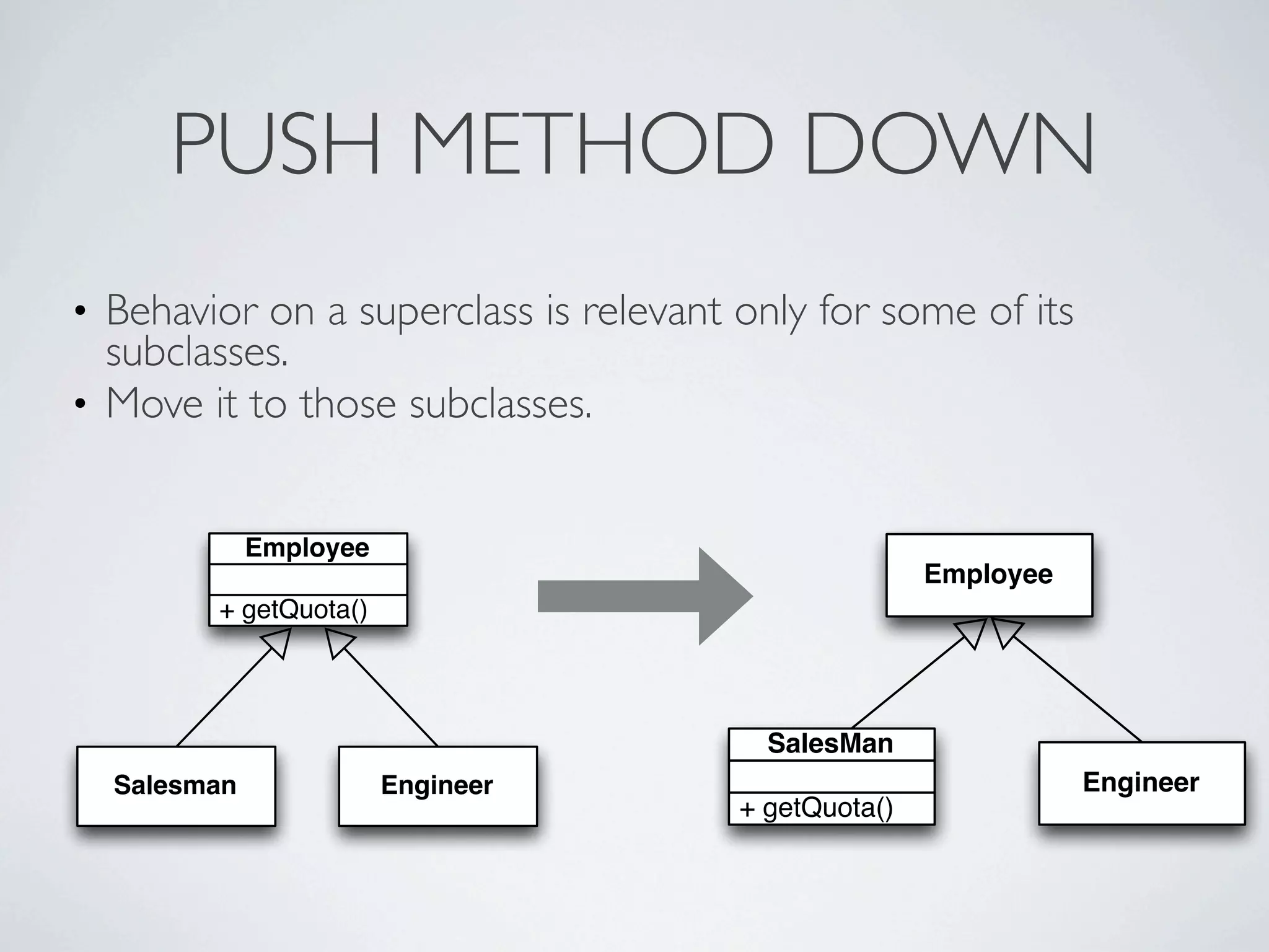 • Behavior on a superclass is relevant only for some of its
subclasses.
• Move it to those subclasses.
PUSH METHOD DOWN
Engineer
+ getQuota()
SalesMan
Employee
+ getQuota()
Employee
Salesman Engineer
 