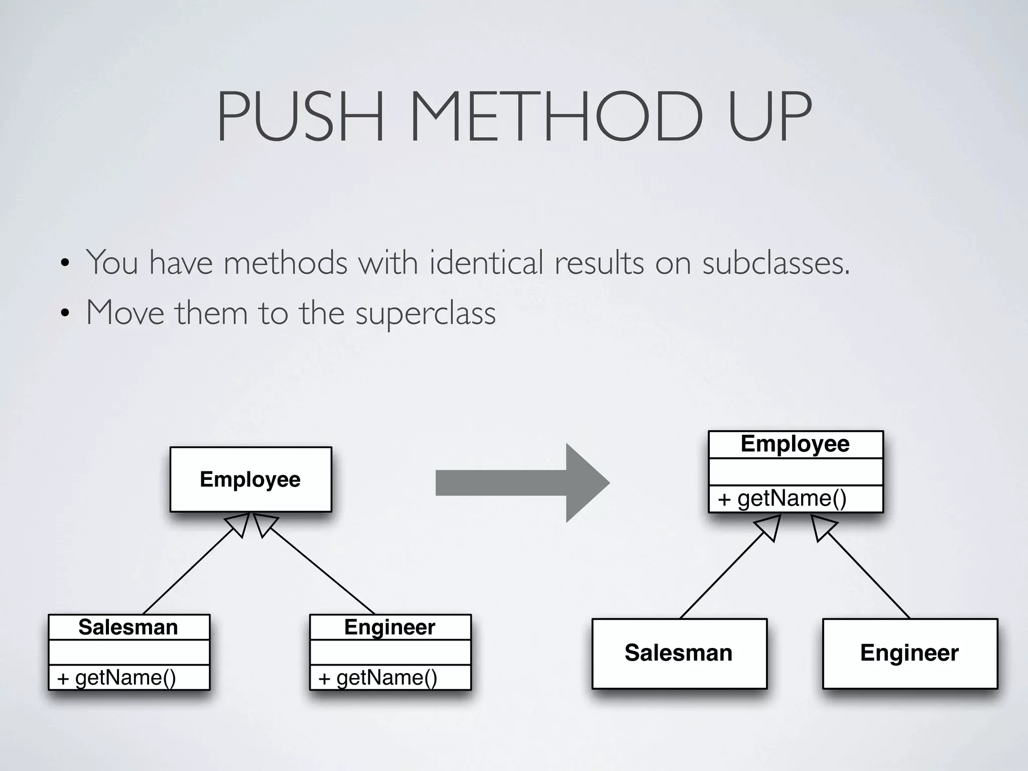 • You have methods with identical results on subclasses.
• Move them to the superclass
PUSH METHOD UP
+ getName()
Salesman
Employee
+ getName()
Engineer
+ getName()
Employee
Salesman Engineer
 