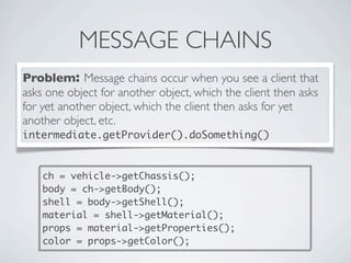 MESSAGE CHAINS
Problem: Message chains occur when you see a client that
asks one object for another object, which the client then asks
for yet another object, which the client then asks for yet
another object, etc.
intermediate.getProvider().doSomething()
ch = vehicle->getChassis();
body = ch->getBody();
shell = body->getShell();
material = shell->getMaterial();
props = material->getProperties();
color = props->getColor();
 