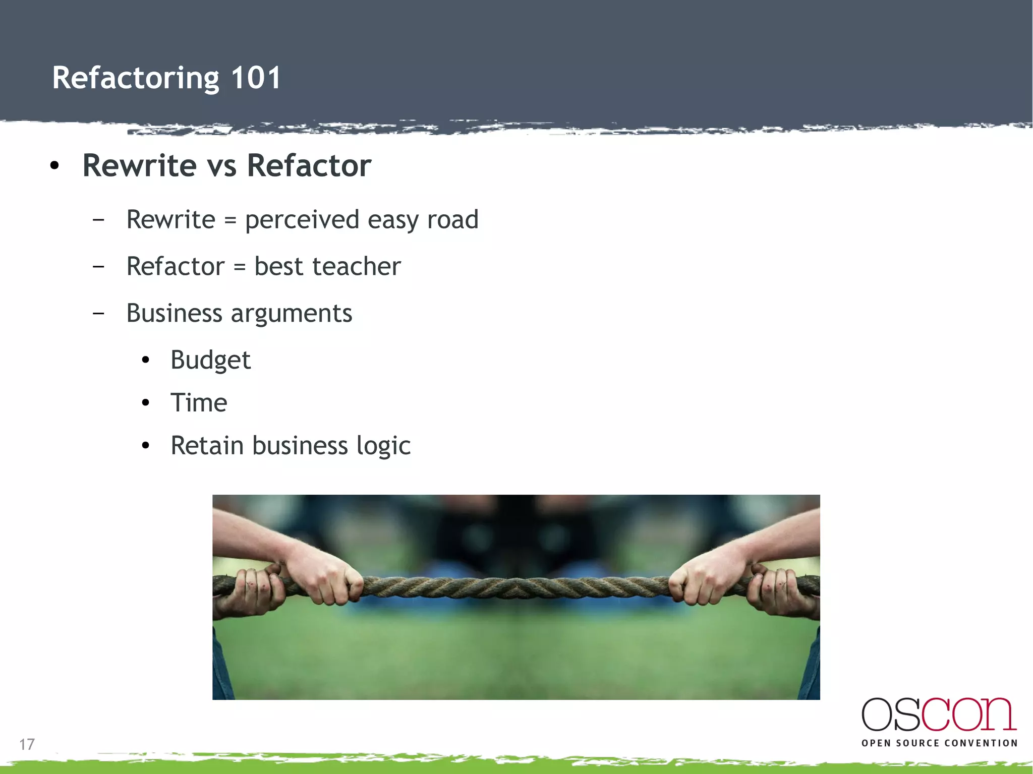 18
Refactoring 101
● When to refactor?
– No “special” time
– Short bursts
– Refactor to gain something
– Prior to adding functionality
– When fixing a bug
– During code review
 