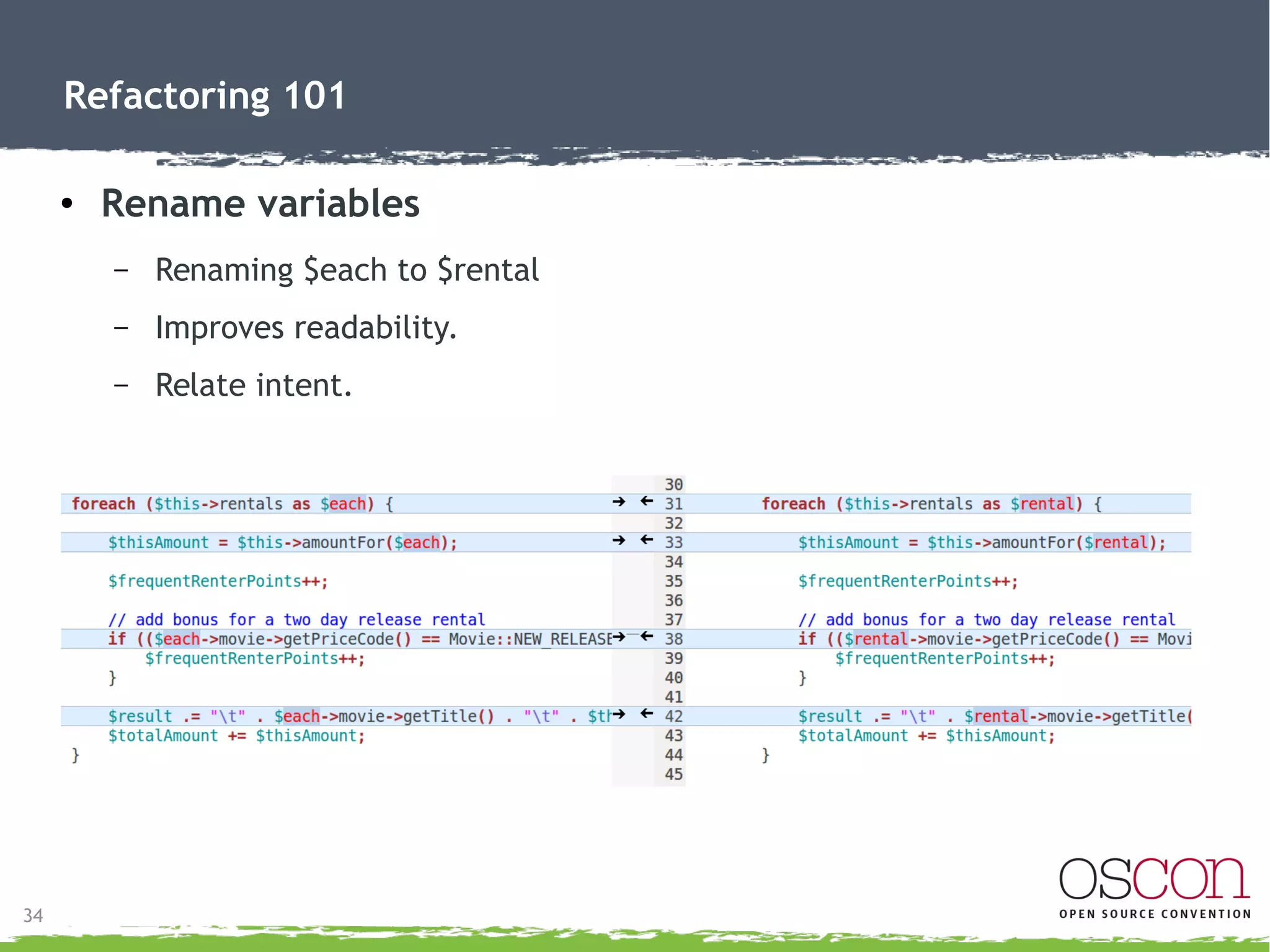 34
Refactoring 101
● Extract method cont'd.
– We now have a new method amountFor().
 